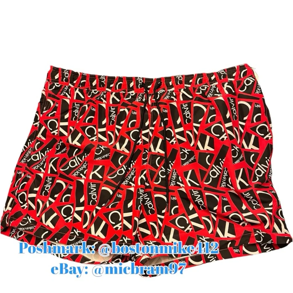 Mens Calvin Klein Swim Trunks XXL NWT Quick Dry UPF 40+ RED BLACK WHITE Collage